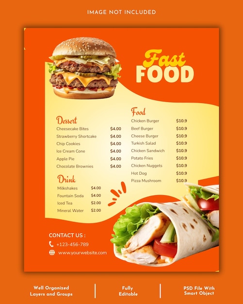 Plantilla de diseño de cartel de menú de comida de restaurante