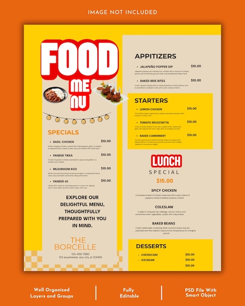 Plantilla de diseño de cartel de menú de comida de restaurante