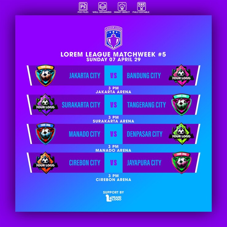 PSD plantilla de diseño de cartel o pancarta del calendario de la semana de partidos de la liga de fútbol
