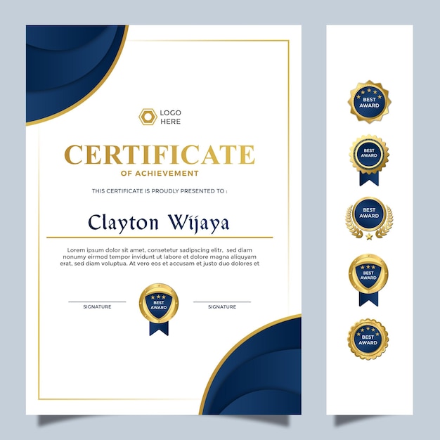 plantilla de diseño de certificado A4 simple moderno azul dorado lujo color retrato 8