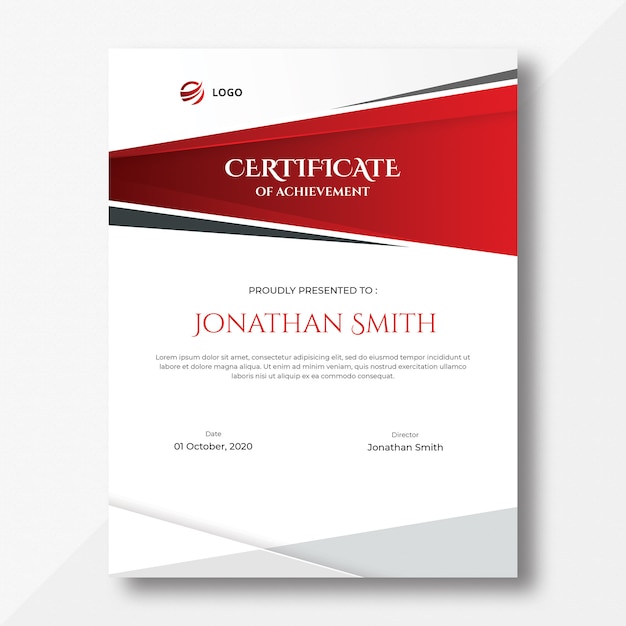 Plantilla de diseño de certificado de formas verticales rojas y grises abstractas