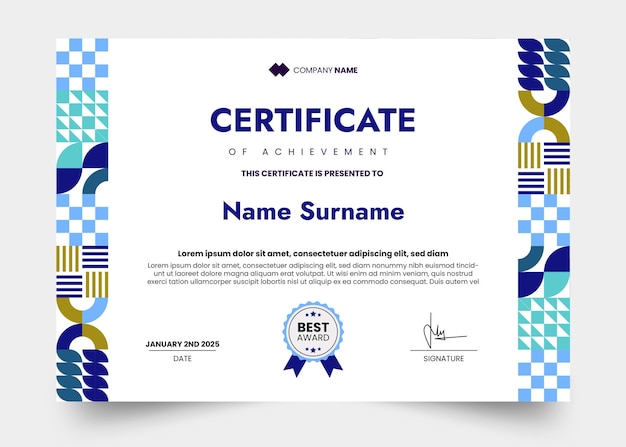 Plantilla de diseño de certificado vintage y mosaico