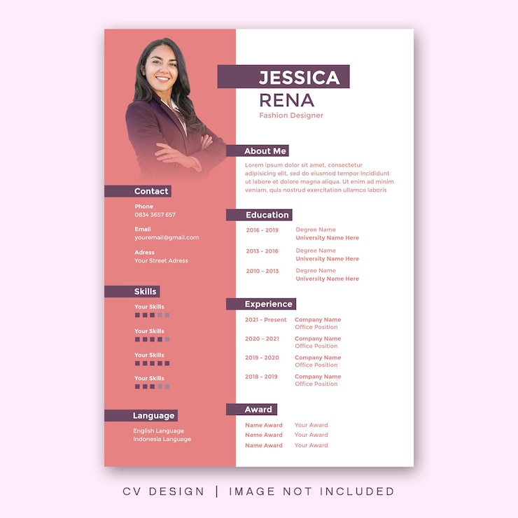 PSD plantilla de diseño de cv feminime mujeres simple minimalista diseño moderno currículum cv para mujeres rosa 4