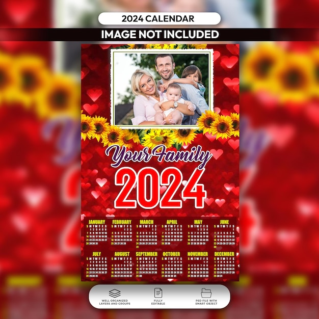 PSD plantilla de diseño de diseño de calendario familiar floral rojo psd 2024