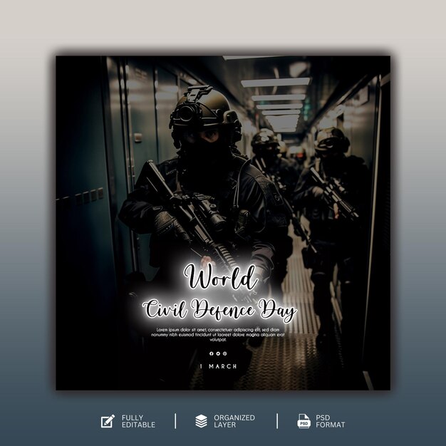 PSD plantilla de diseño gráfico y de redes sociales del día mundial de la defensa civil