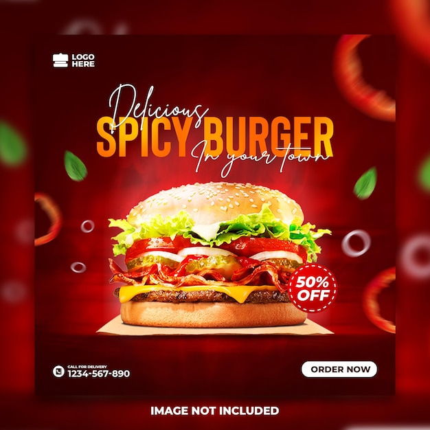 Plantilla de diseño de Instagram de publicación en redes sociales de hamburguesa de comida súper deliciosa PSD