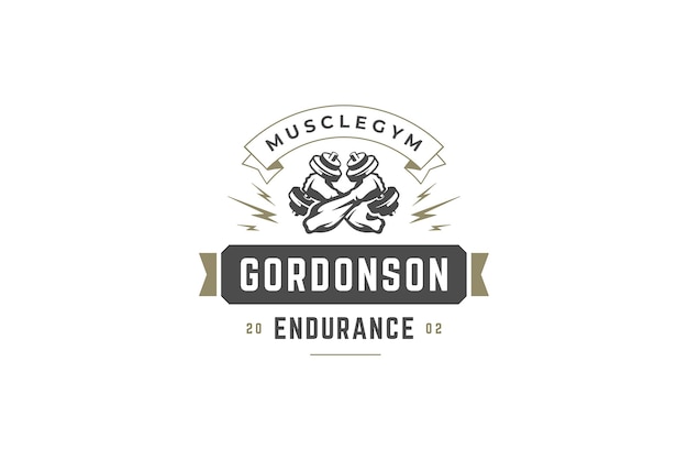 plantilla de diseño del logotipo del club de gimnasia monocromático manos musculosas cruzadas entrenando pesas pesadas