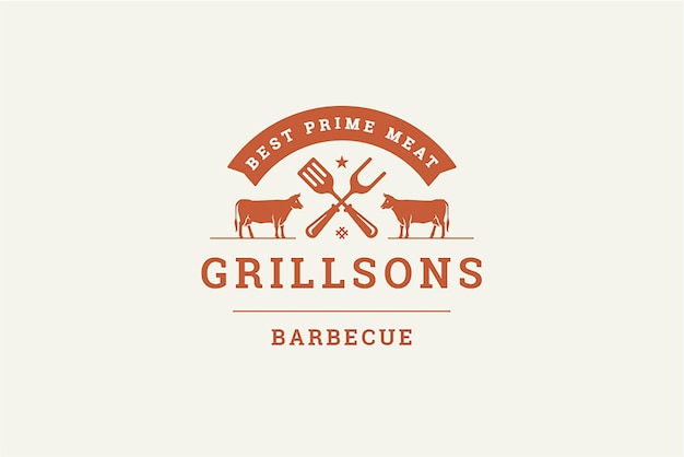 plantilla de diseño del logotipo de la tienda de carne del restaurante de parrilla monocromática bistro café con vacas y cinta