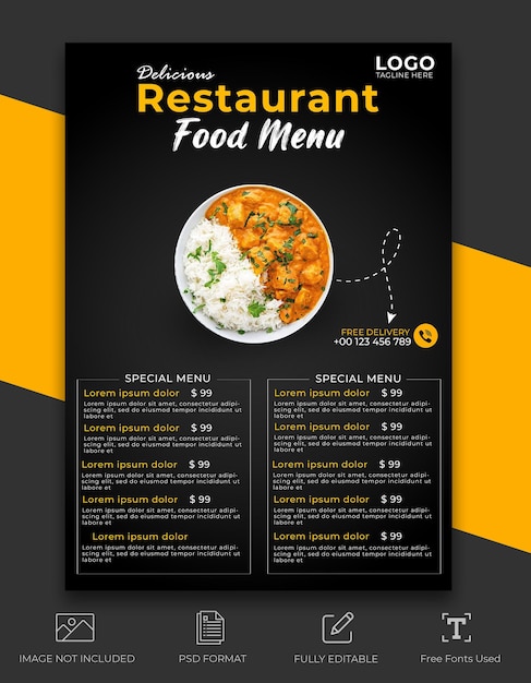 plantilla de diseño de menú de comida impresionante de PSD