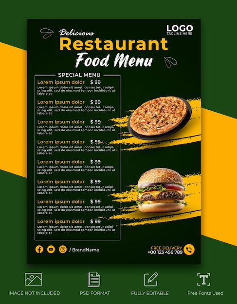 plantilla de diseño de menú de comida impresionante de PSD