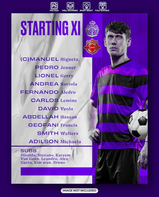plantilla de diseño de partido de fútbol del XI titular