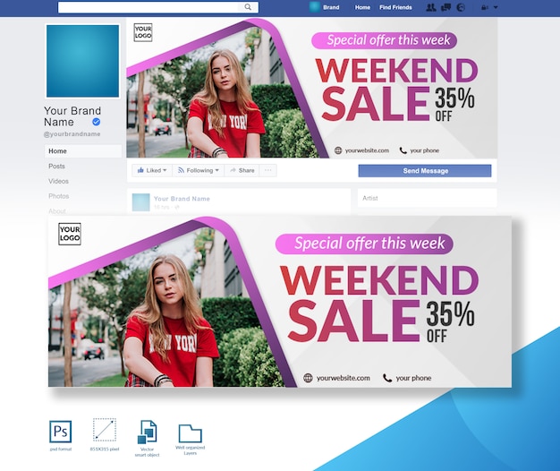 Plantilla de diseño de portada de Facebook de descuento de moda de venta de fin de semana