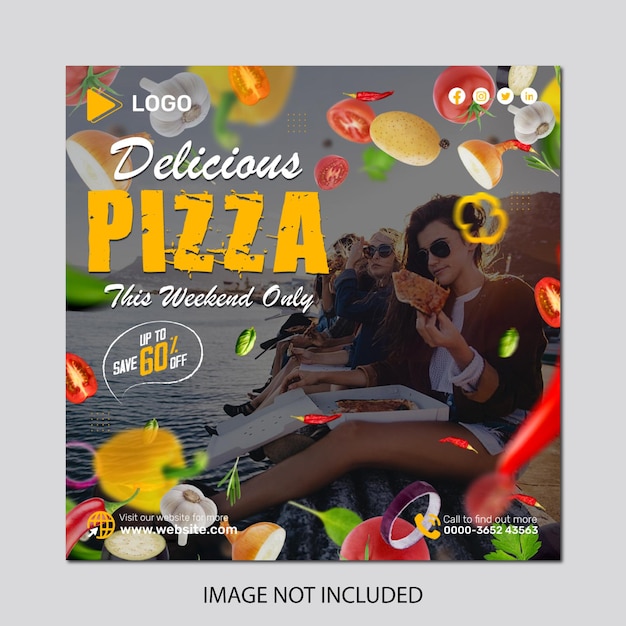 PSD plantilla de diseño de póster de banner de redes sociales de pizza deliciosa y menú de comida