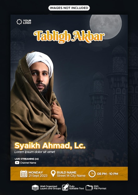 PSD plantilla de diseño de póster tabligh akbar para promoción