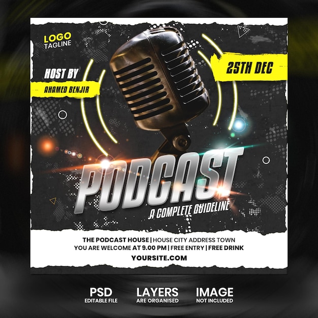 PSD plantilla de diseño de publicación de banner cuadrado de redes sociales de evento de programa de entrevistas de podcast