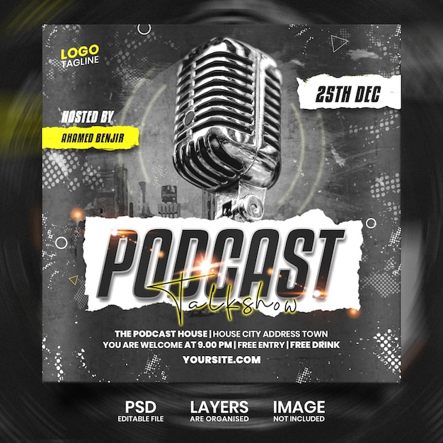 PSD plantilla de diseño de publicación de banner cuadrado de redes sociales de evento de programa de entrevistas de podcast