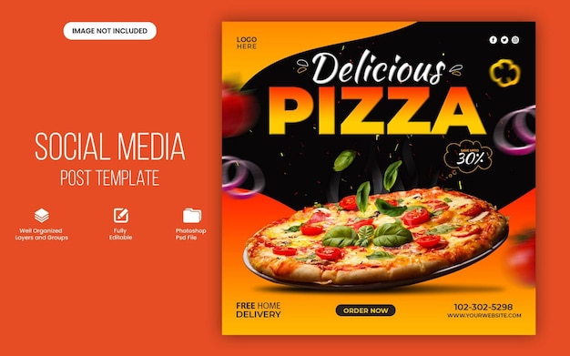 Plantilla de diseño de publicación de banner de instagram y redes sociales de pizza deliciosa