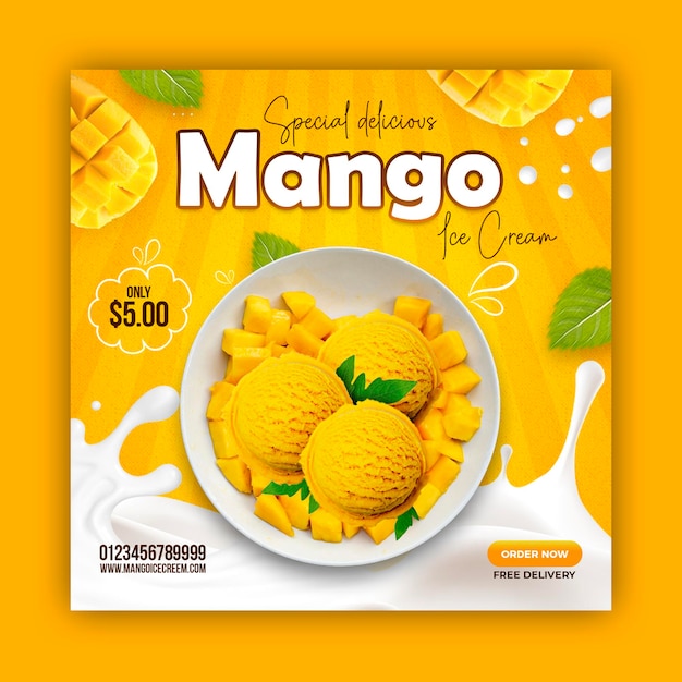 Plantilla de diseño de publicación de banner de redes sociales de delicioso helado de mango