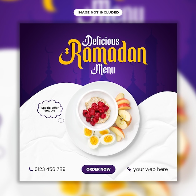 Plantilla de diseño de publicación cuadrada de instagram de redes sociales de comida deliciosa de ramadán psd premium