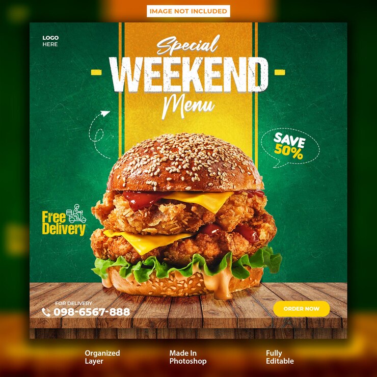 PSD plantilla de diseño de publicación de instagram de hamburguesa de comida súper deliciosa