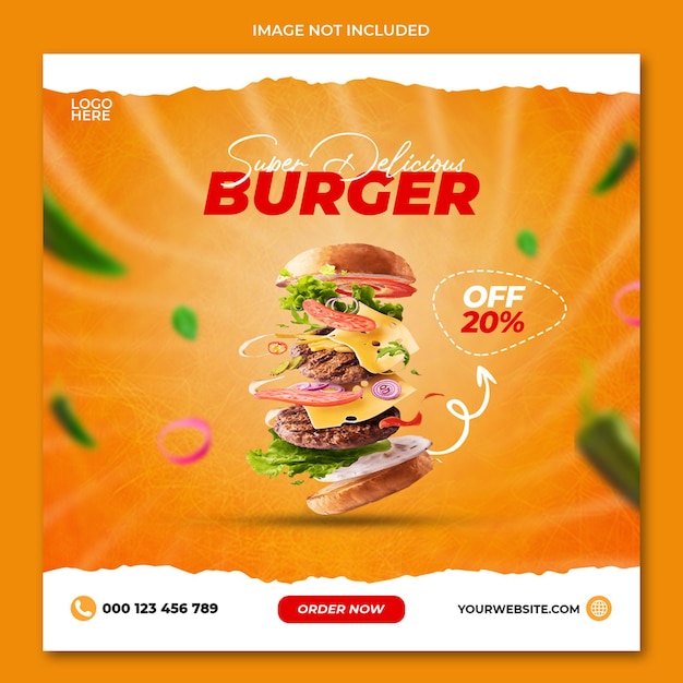 Plantilla de diseño de publicación de instagram de redes sociales de hamburguesa de comida súper deliciosa