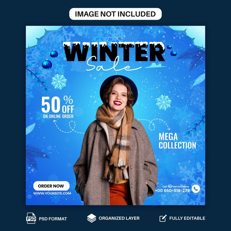 PSD plantilla de diseño de publicación de publicidad en redes sociales de venta de moda de invierno psd con tema de invierno