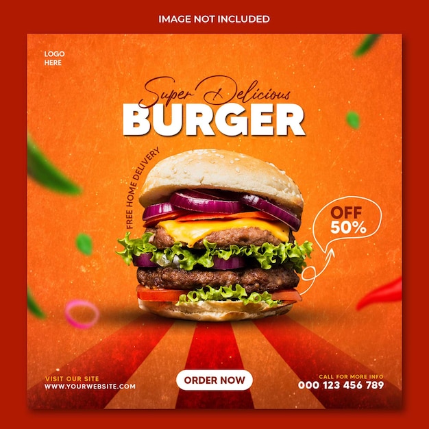 Plantilla de diseño de publicación de redes sociales de promoción de alimentos de hamburguesa