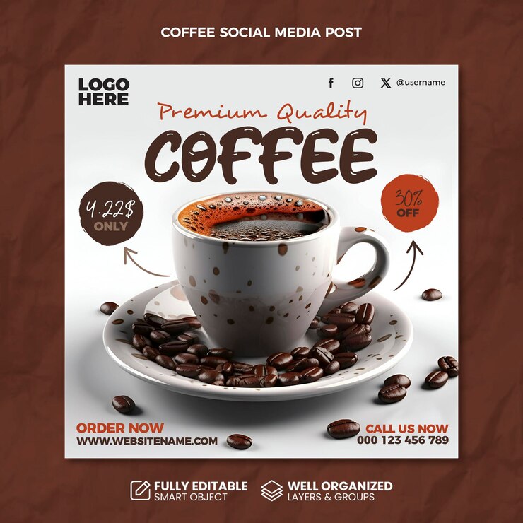 Plantilla de diseño de publicación web y promoción de redes sociales de cafetería PSD