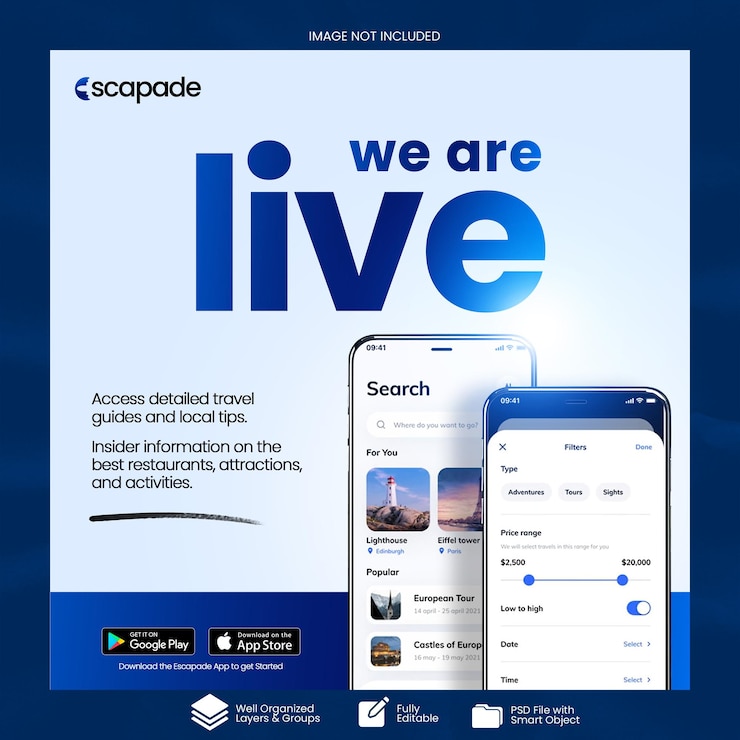 Plantilla de diseño de publicaciones de medios sociales promocionales para aplicaciones móviles de viajes