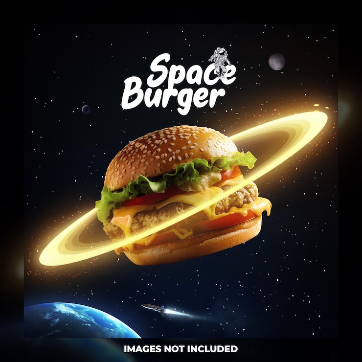 PSD plantilla de diseño de redes sociales creativas de una hamburguesa espacial con anillos brillantes