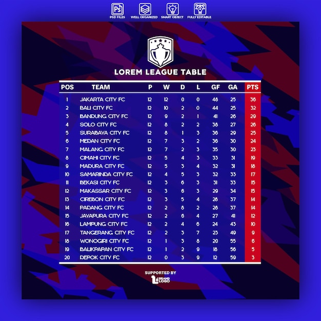 plantilla de diseño de la tabla de la liga de fútbol