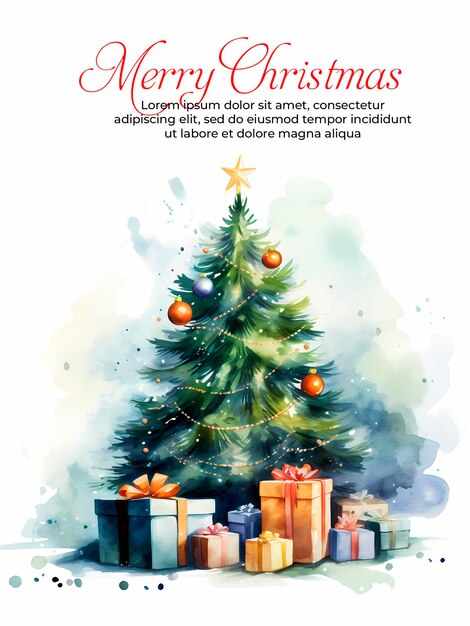 PSD plantilla de diseño de tarjeta de felicitación de feliz navidad con árbol de navidad y caja de regalos
