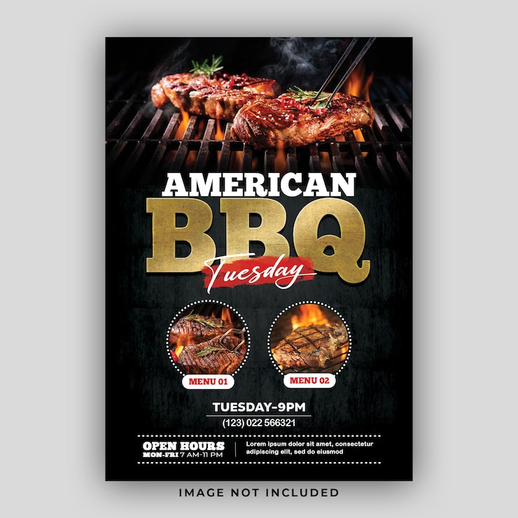 PSD plantilla de diseño de volante de barbacoa americana de menú de comida de restaurante