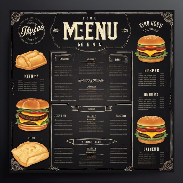 PSD plantilla de diseño de volante o cartel de menú de comida vintage en color oscuro