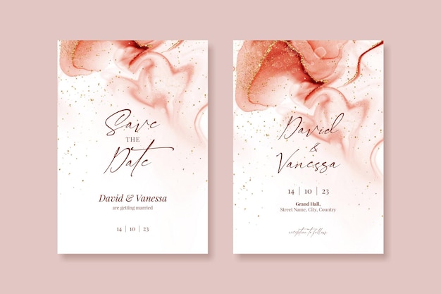 PSD plantilla editable de tarjeta de invitación de boda con tinta de alcohol rojo