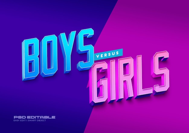 Plantilla de efecto de estilo de texto 3d Boys vs Girls