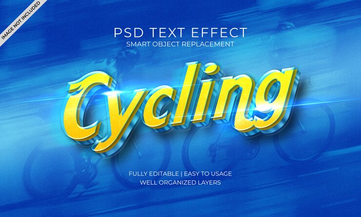 PSD plantilla de efecto de texto azul y amarillo de velocidad de ciclismo