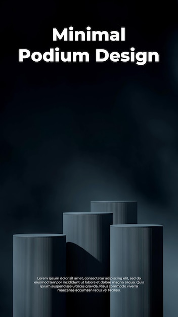 Plantilla de escena cilindro estampado podio gris oscuro en retrato fondo de pared negro representación 3d