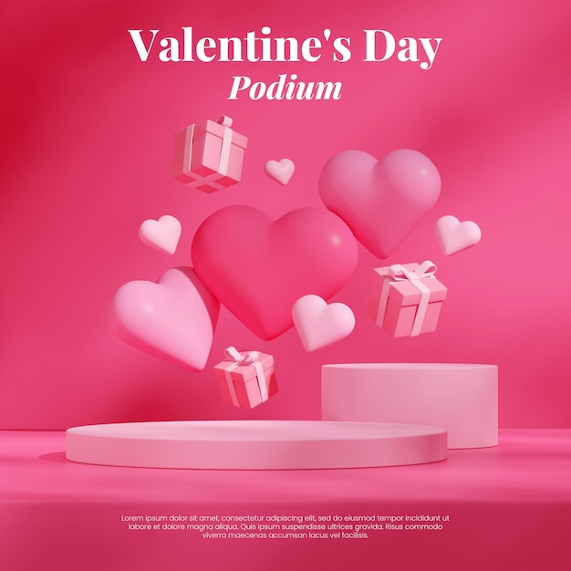 plantilla de escena cilindro podio rosa en corazones rosados flotantes cuadrados y caja de regalo imagen de presentación 3d