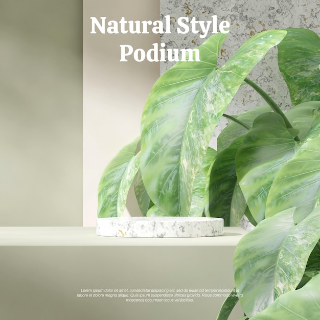 plantilla de escena podio de cilindro de mármol blanco en pared verde cuadrada y planta de alocasia representación 3d