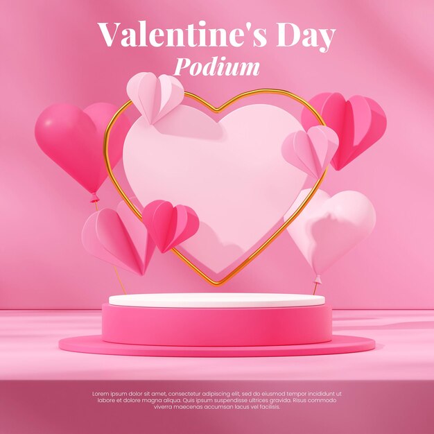 plantilla de escena podio de cilindro rosa oscuro en forma de corazones dorados y rosas cuadrados representación de imagen 3d