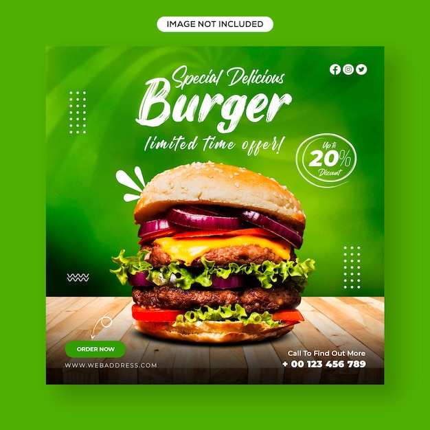 PSD plantilla especial de diseño de banner de promoción de redes sociales para hamburguesas deliciosas