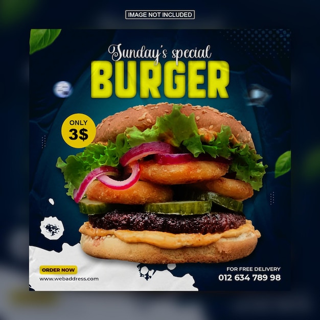 PSD plantilla especial de diseño de publicación de instagram de redes sociales de hamburguesas deliciosas