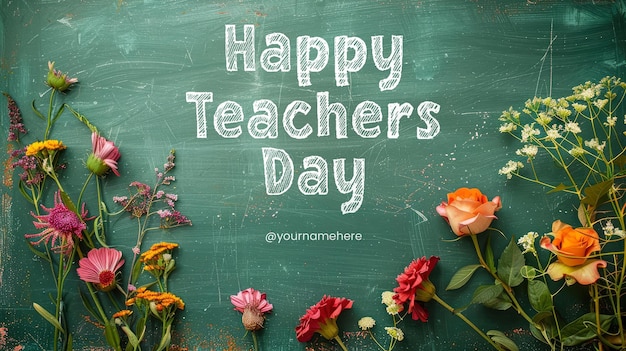 PSD plantilla de estandarte de día feliz de los maestros con composición plana con flores en la pizarra verde