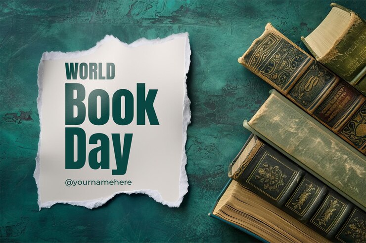 PSD plantilla de estandarte del día mundial del libro con stock de libros en un fondo minimalista