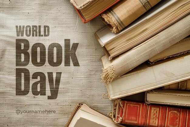 PSD plantilla de estandarte del día mundial del libro con stock de libros en un fondo minimalista