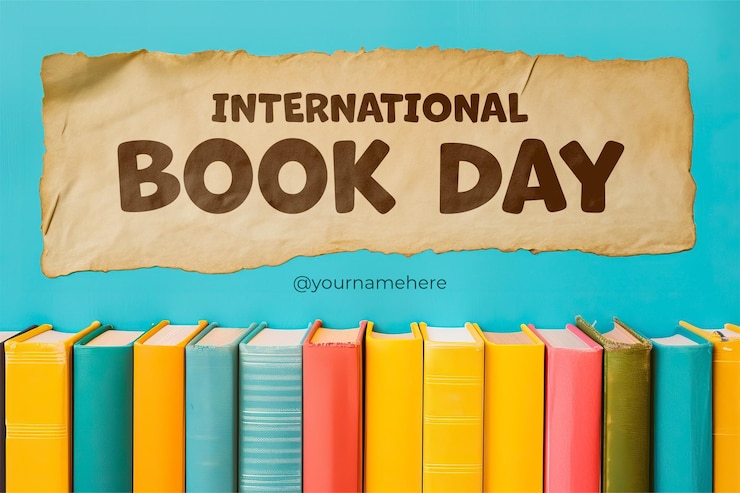 plantilla de estandarte del día mundial del libro con stock de libros en un fondo minimalista