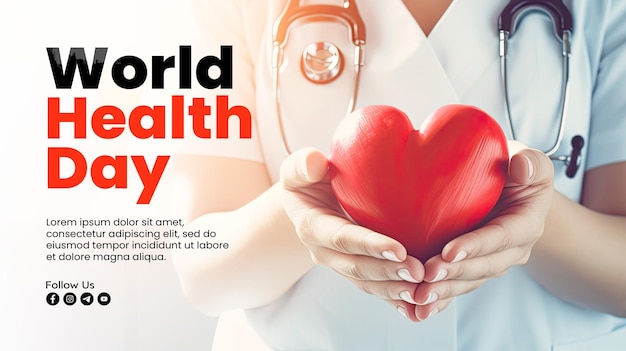 Plantilla de estandarte del día mundial de la salud con una mujer joven, una doctora o una enfermera con las manos sosteniendo un corazón