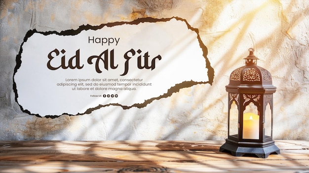 Plantilla de estandarte de feliz eid al fitr con ramadán linterna en mesa de madera fondo de pared con textura