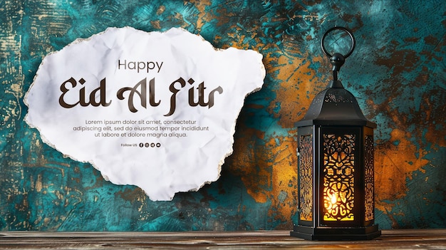 PSD plantilla de estandarte de feliz eid al fitr con ramadán linterna en mesa de madera fondo de pared con textura